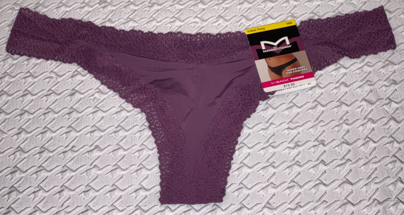 MAIDENFORM M Super Soft Lace Trim V Back Quartz Purple Thong Panty Womens S M XL