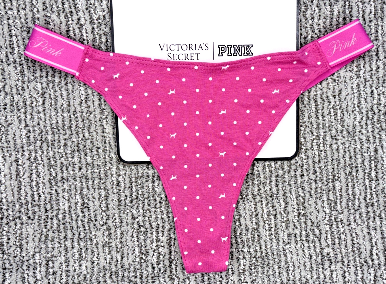 Victoria’s Secret PINK NWT Medium Pink Polka Dot Thong Panty Cute Spellout Sexy