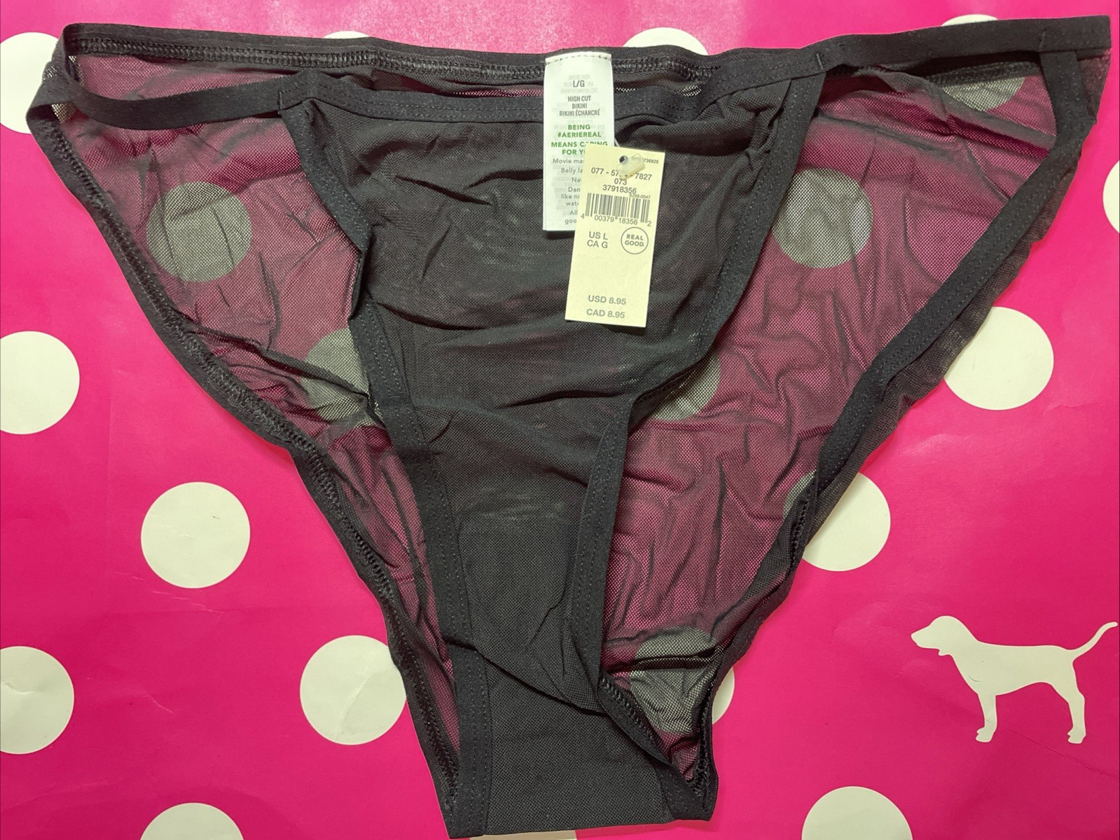 NWT AERIE American Eagle High Cut Bikini Panties L Panty Sheer Mesh Black