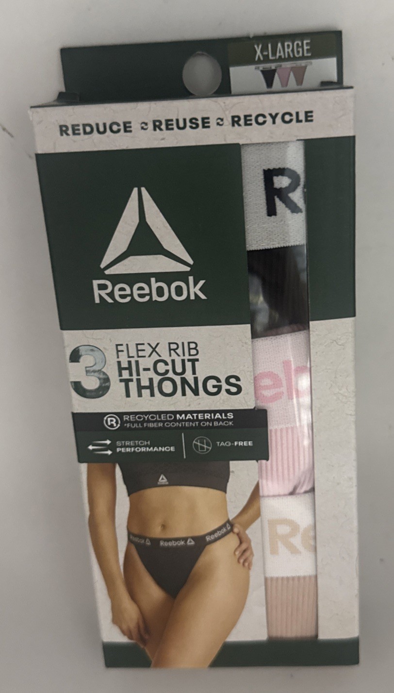X-Large Reebok Women’s Flex Rib Hi-Cut Thong Panties in a 3-pack New
