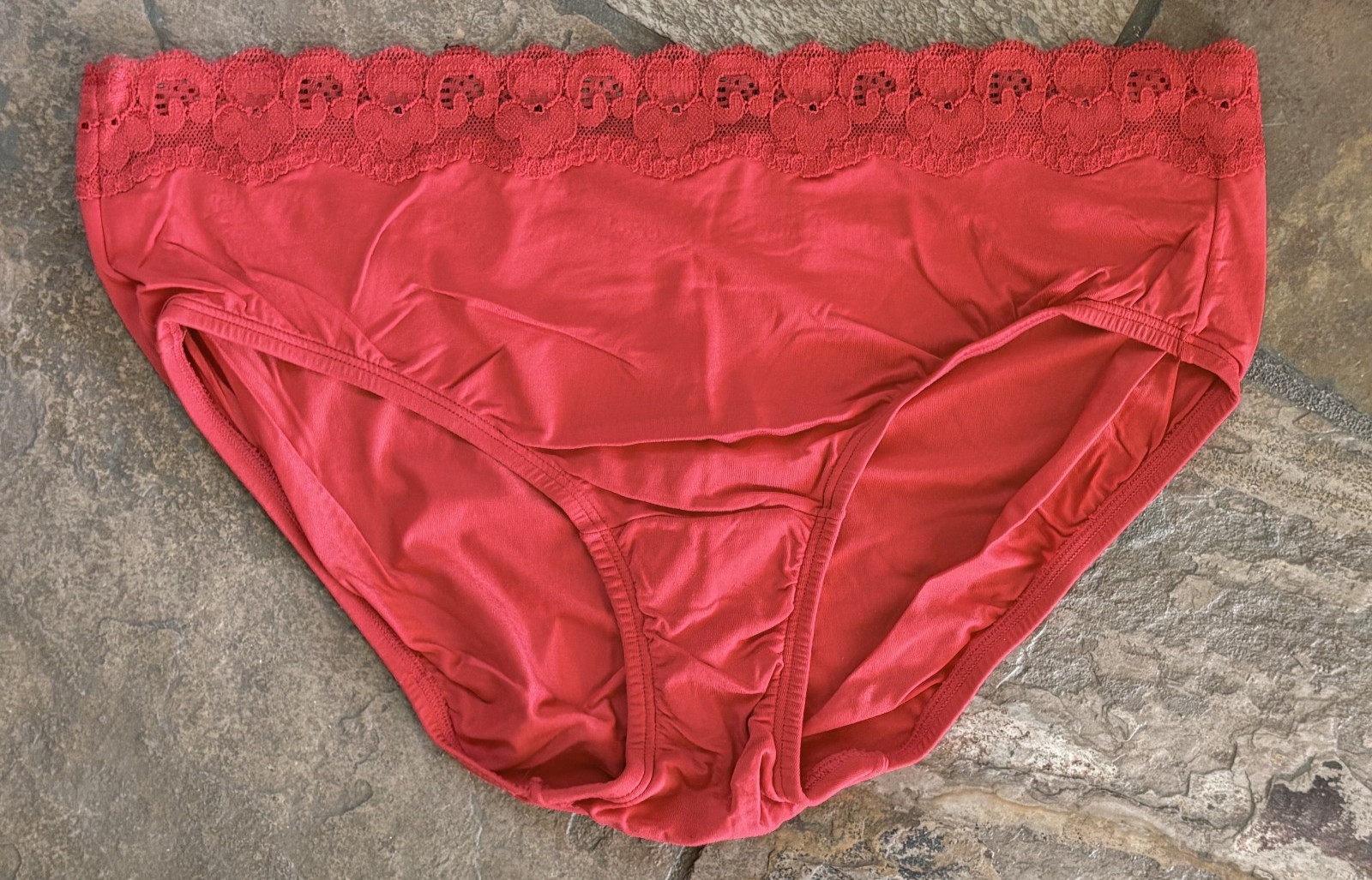 Olga 7/Large RED HOT Without A Stitch Silky Lace Waist Hipster Panties #23167J