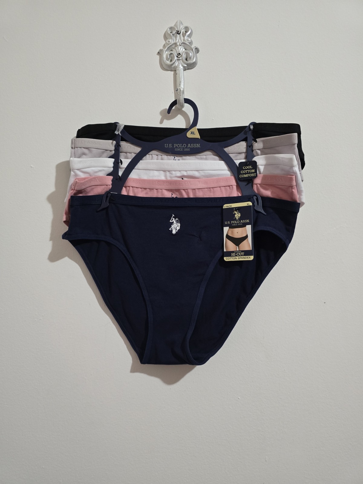 U.S. Polo Assn. Women’s Hi-Cut Panties 5 Pack XL 95% Cotton Multicolor