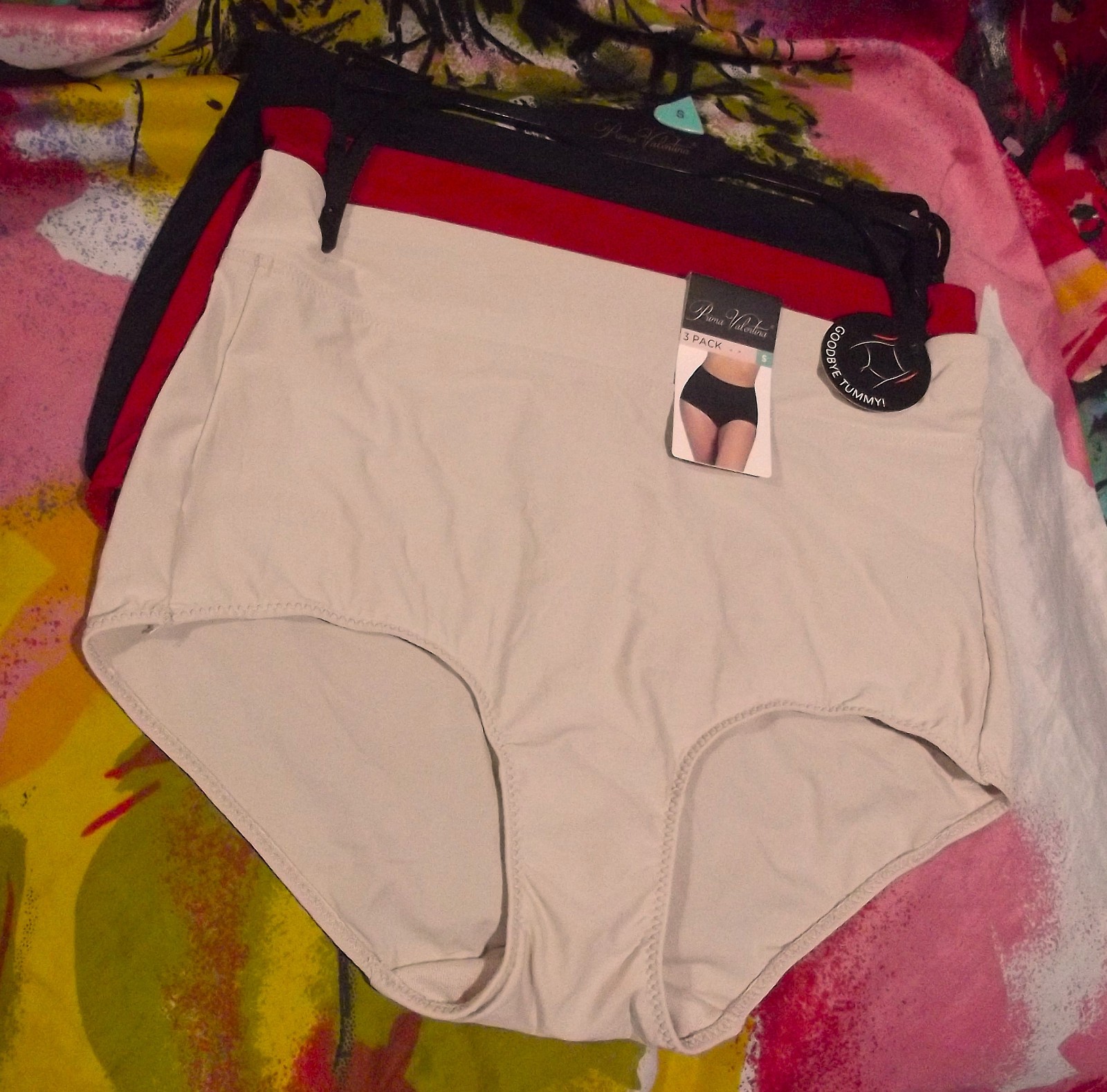 3 NEW PRIMA VALENTINA 871375 BG/RD/BK MICROFIBER GOODBBYE TUMMY BRIEF PANTIES S