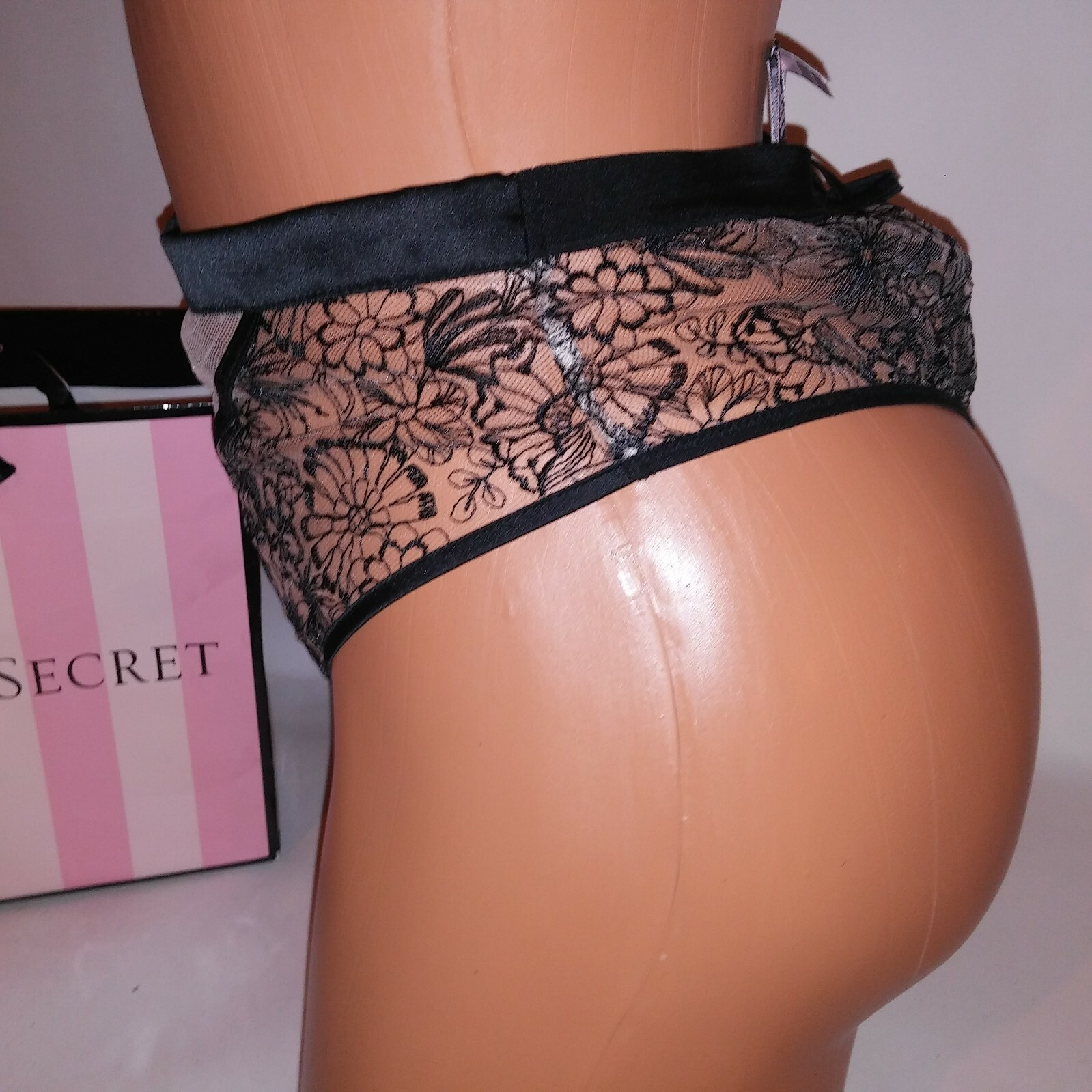 Victoria Secret Panty Small Embroidered Lace High Waist Thong Black Sheer New