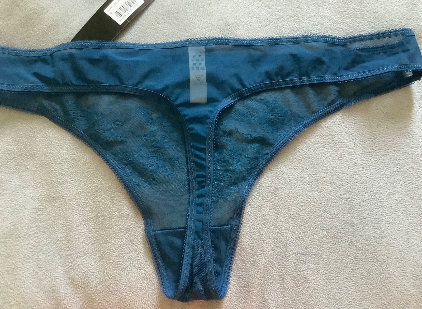 Gossard Glossies – Teal Blue Mesh & Lace Thong Size XL – BNWT