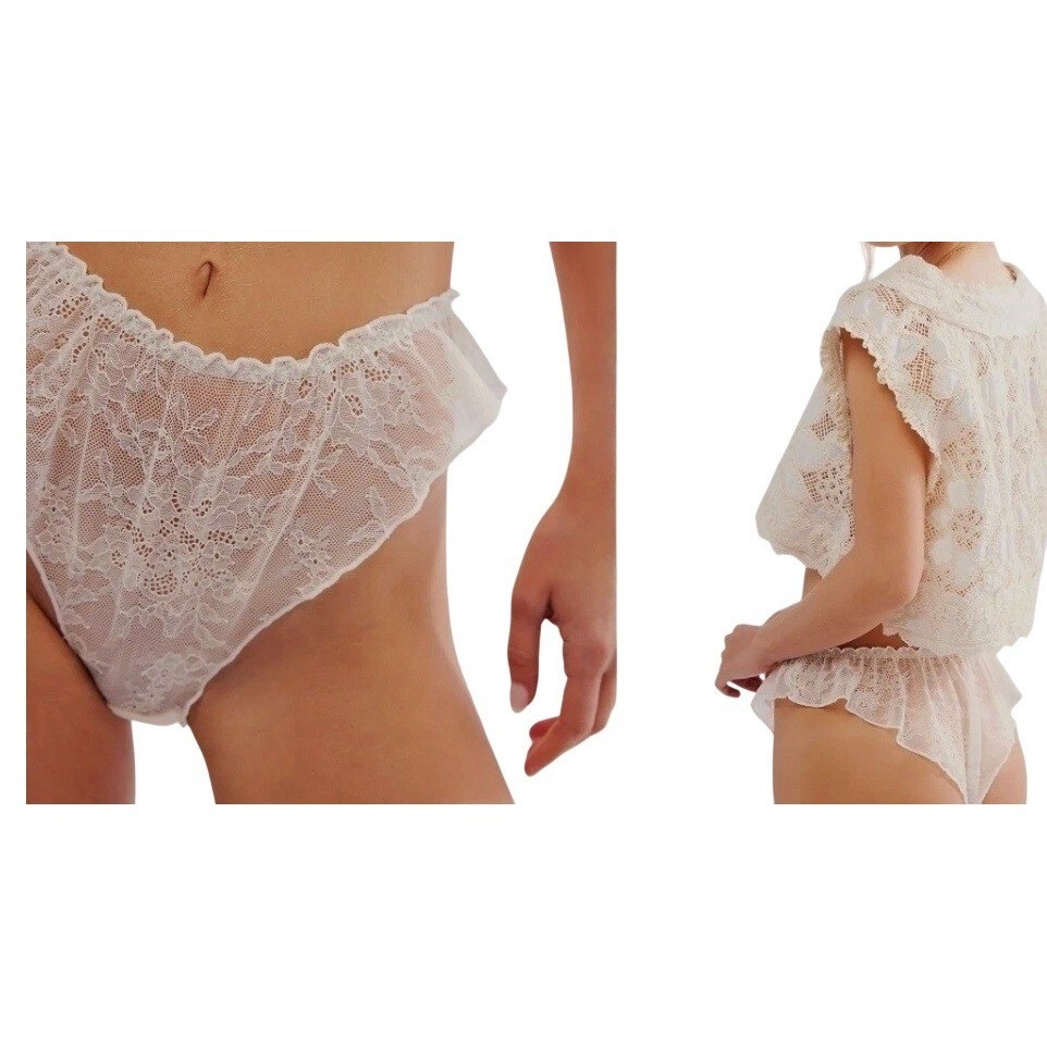 Intimately Free People Gia Tanga Ivory Floral Lace Ruffle Thong Panty Small NWT