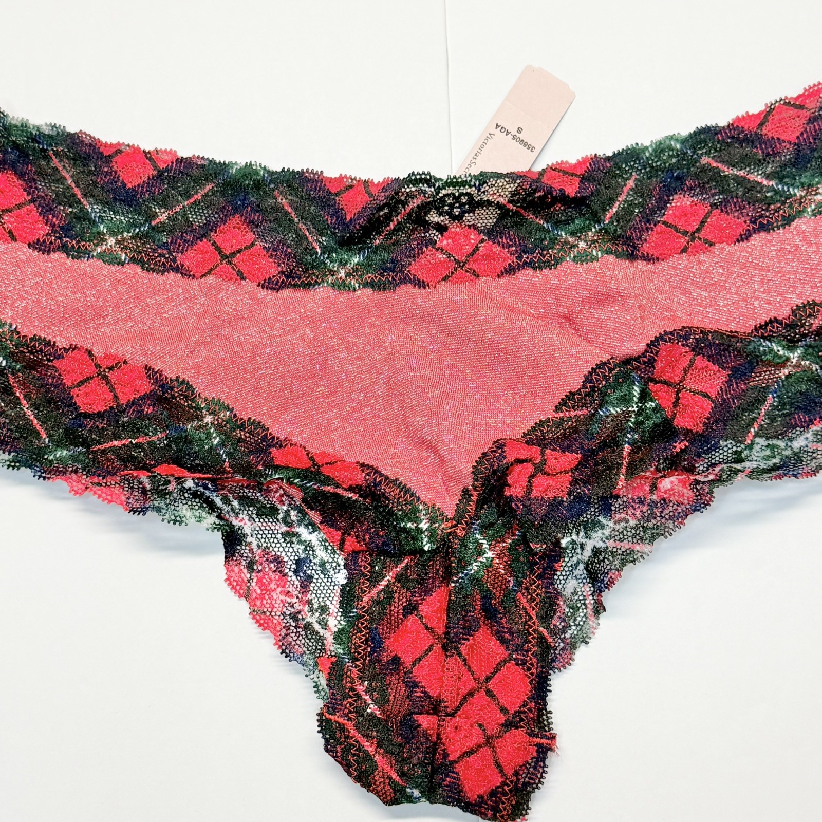 2016 VTG Victorias Secret Red with Plaid Lace Low Rise Cheeky Panties Size Small
