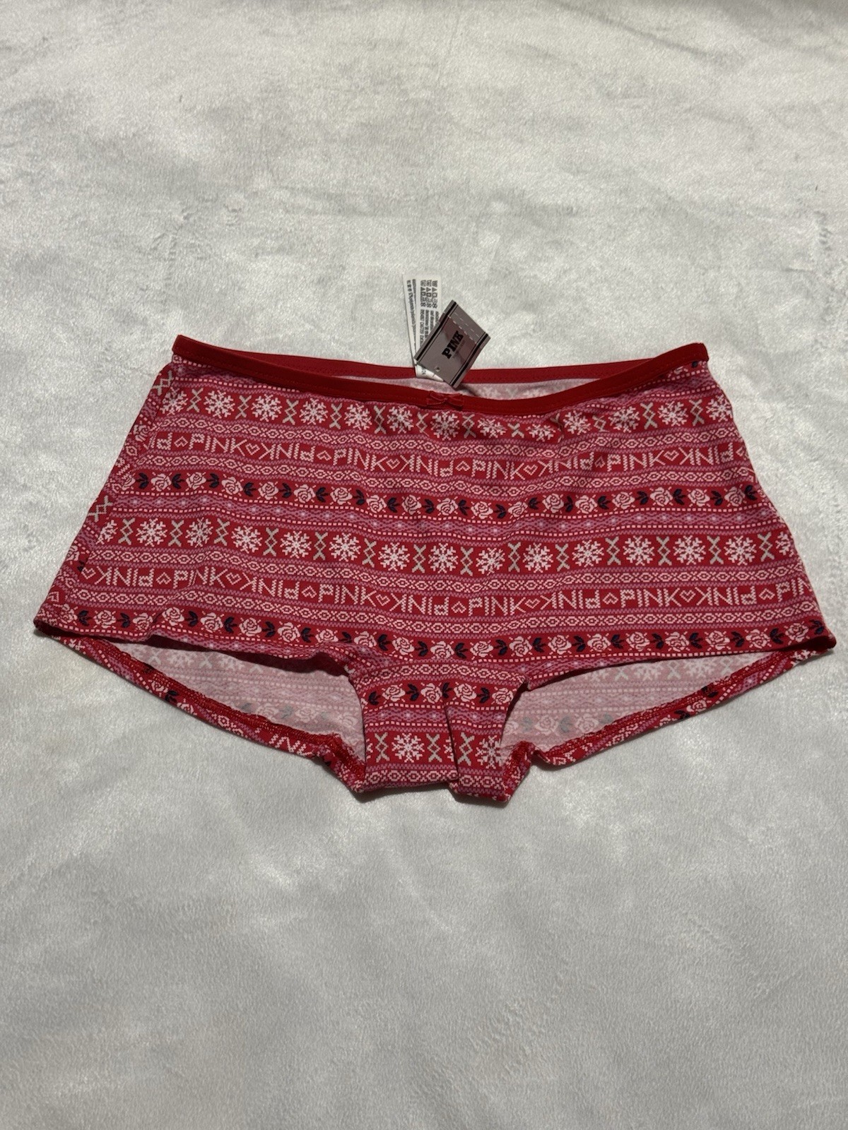 NWT Victoria’s Secret PINK Boyshort Panty Red Fair Isle Snowflake Holiday Size M