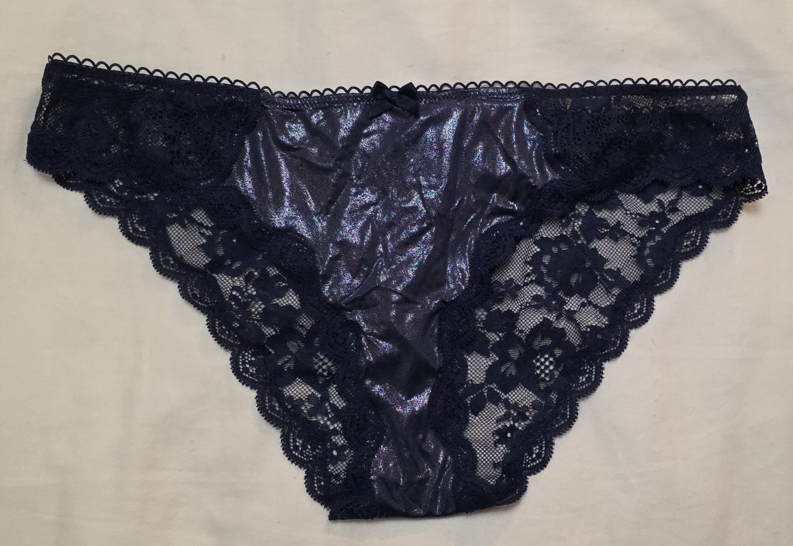 Victoria’s Secret Dream Angels Navy Blue Mesh Lace Metallic Cheekini Panties L