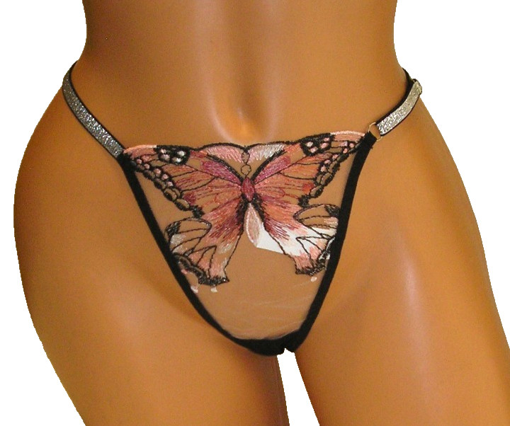 Panties Lingerie Pink Tones Embroidered Butterfly Adjustable Thong, XL