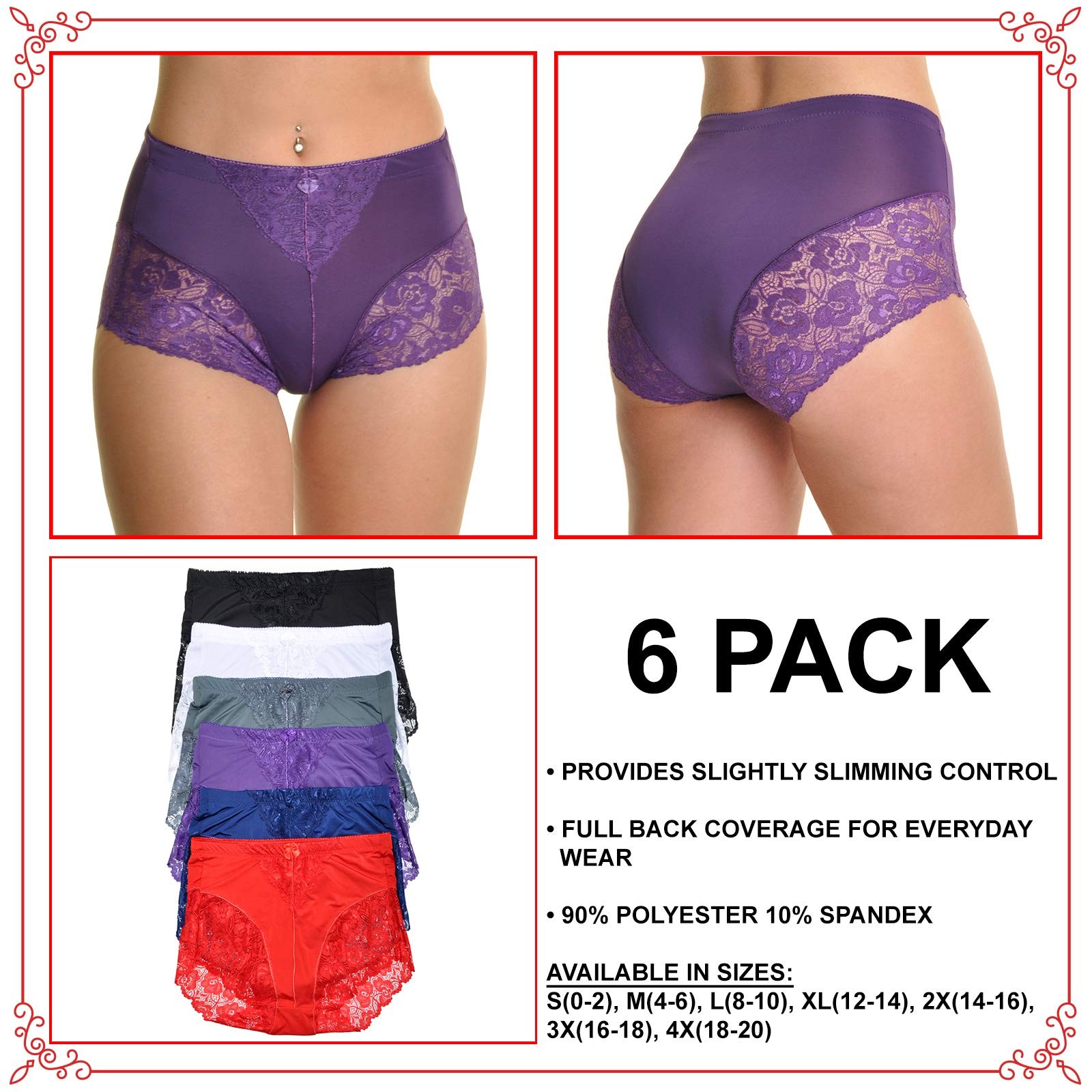 Angelina Women High Waist Boxer Briefs with Lace Accent Detail (12-Pack) Size L