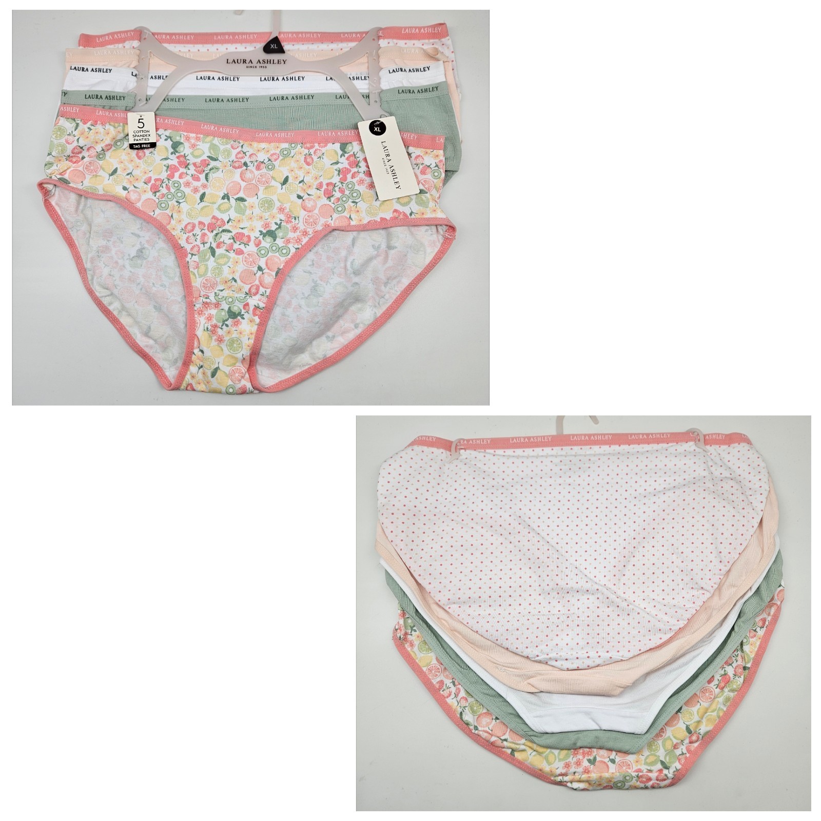 LAURA ASHLEY 5 Pack Women’s M XL Logo Cotton Panties White Pink Cream Green