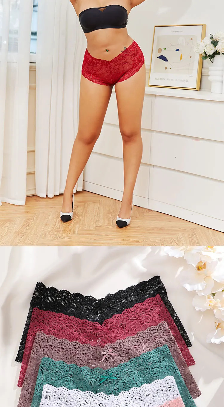 Boyshort Panties Lace Floral Low Waist Stretch Breathable Underwear 8PCS Women