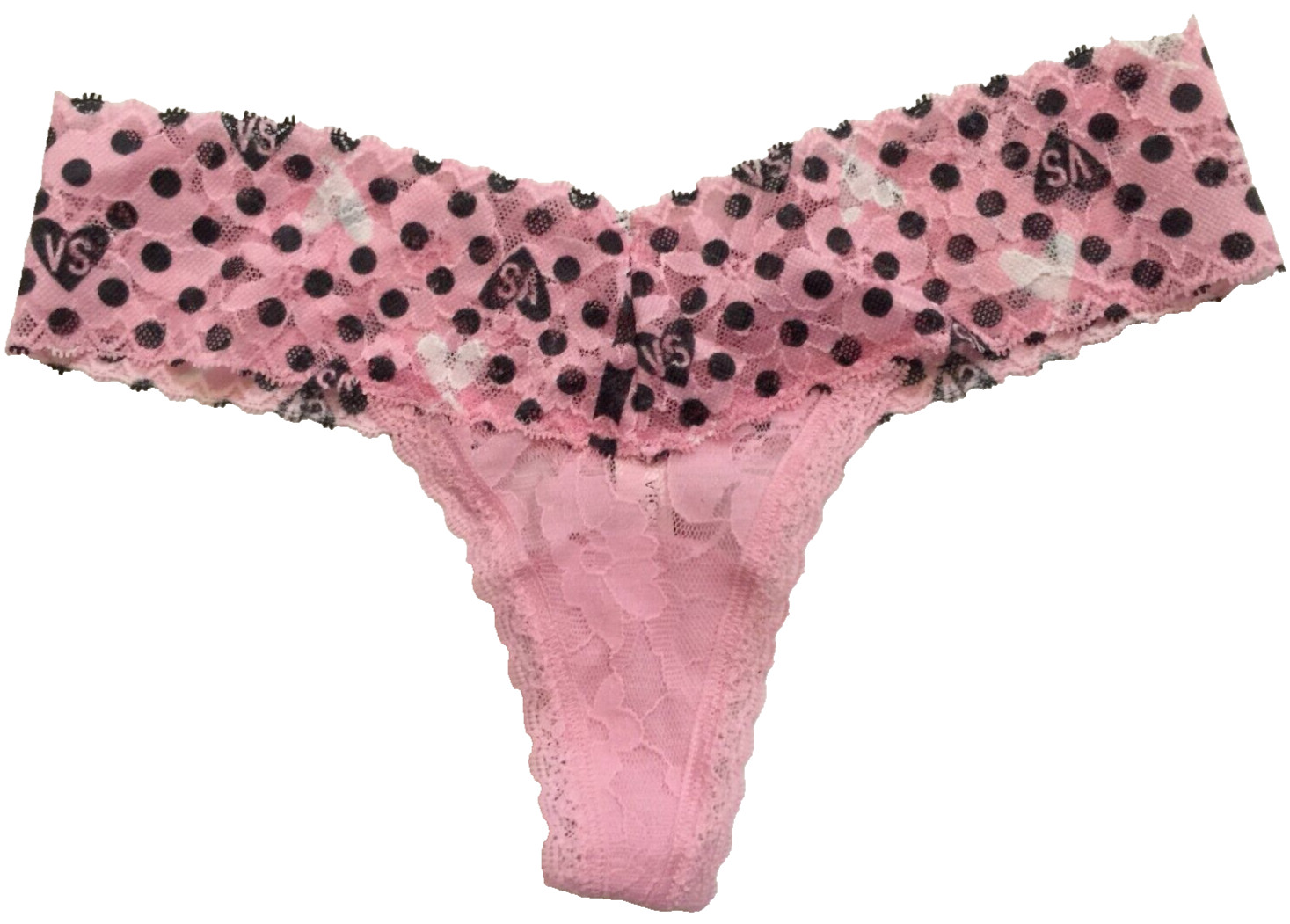 Victorias Secret XS Black Pink Logo Hearts Dots Thong Panties Floral Lace New