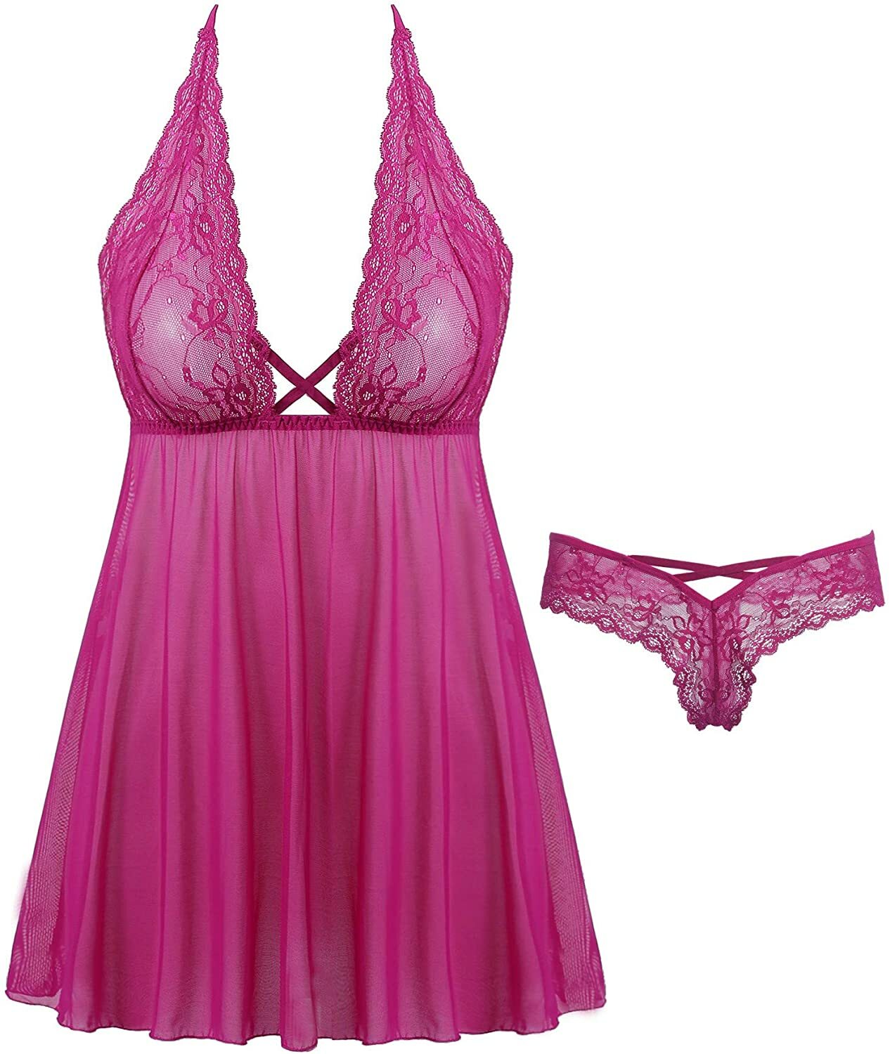 Plus Size Sexy Lingerie for Women Lace Mesh Short Dress G-String Babydoll Set US