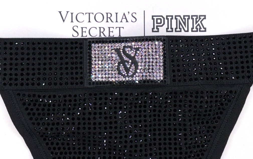 Victoria’s Secret NWT Large Black Allover Rhinestone Shine Patch V String Panty