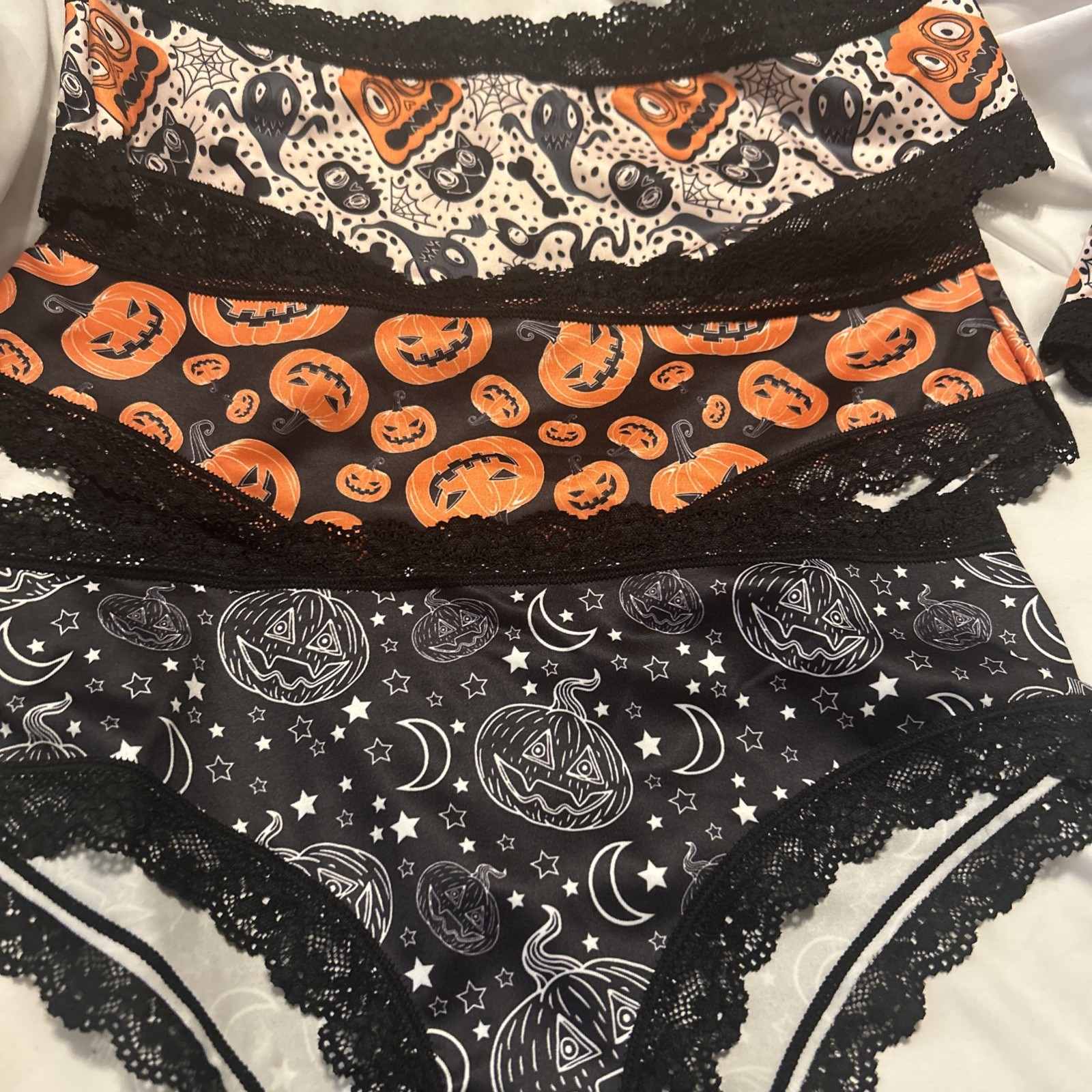 Morvia 3pk lace trim goth Skater Emo Goth panties M Blk Orange Skull Jack-o-lan