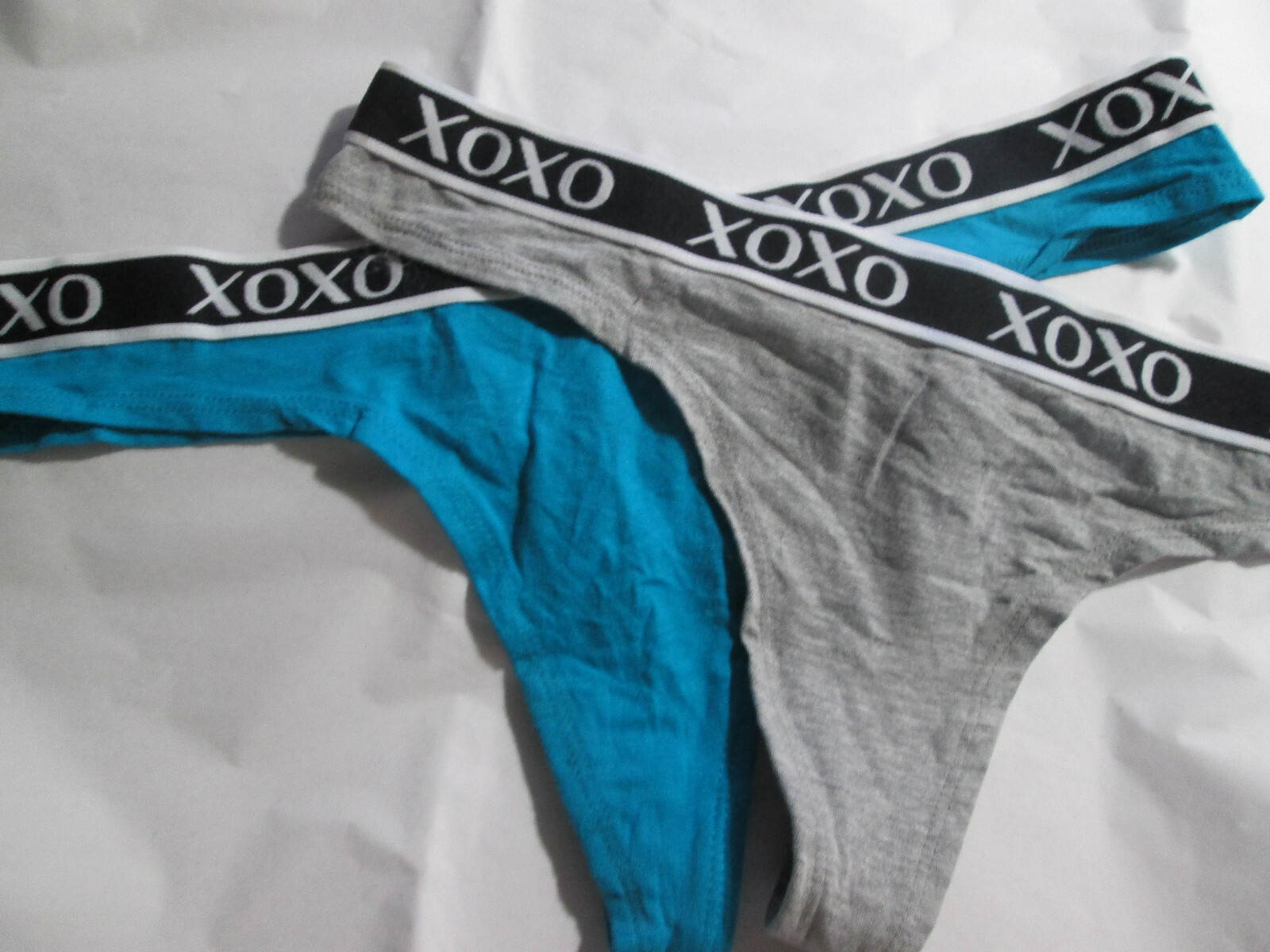 2 New XOXO Super Cute! Thong Panties Size XL Gray & Dark Aqua w/Logo Top Band