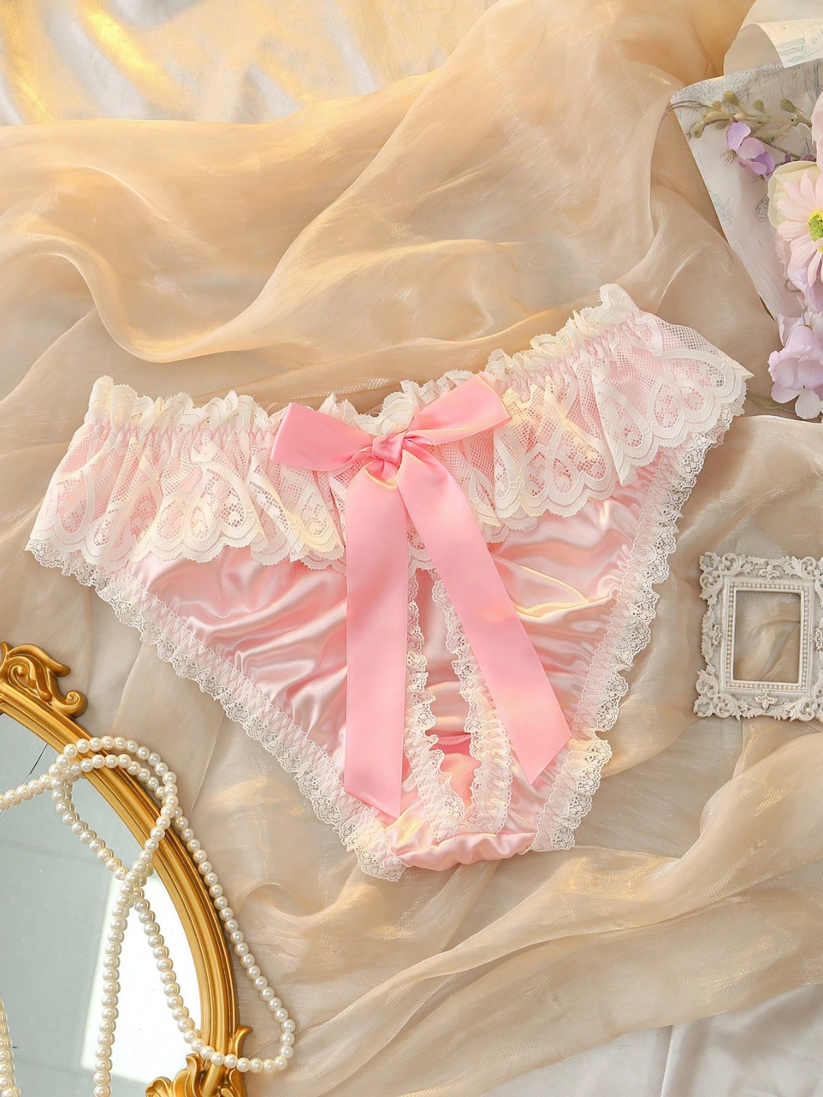 Kawaii Soft Pink Open Back Backless Cute Satin Sexy Brief Lingerie Panties