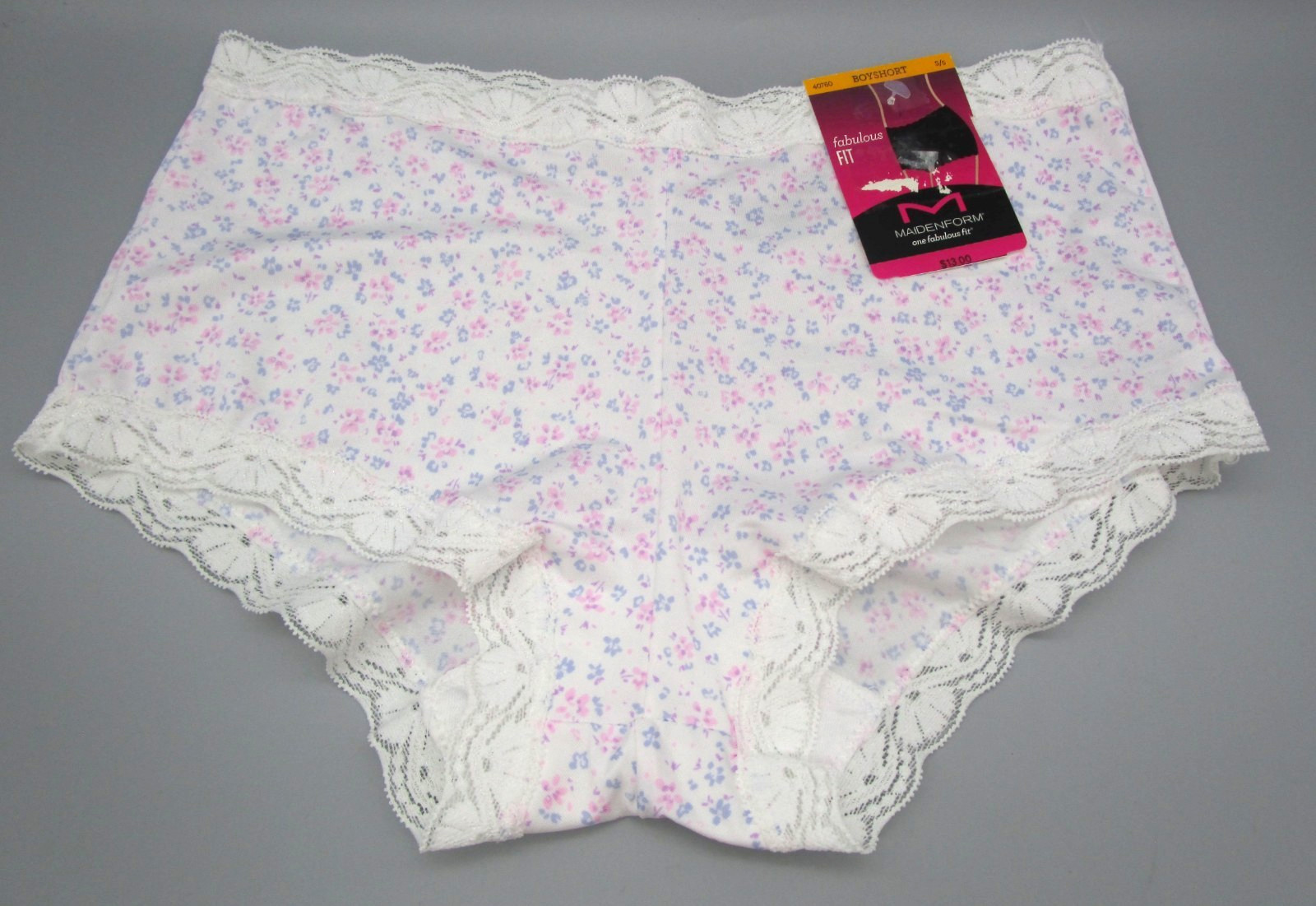 MAIDENFORM~S 5~40760~White Print One Fab Fit Microfiber & Lace Mid Rise Boyshort