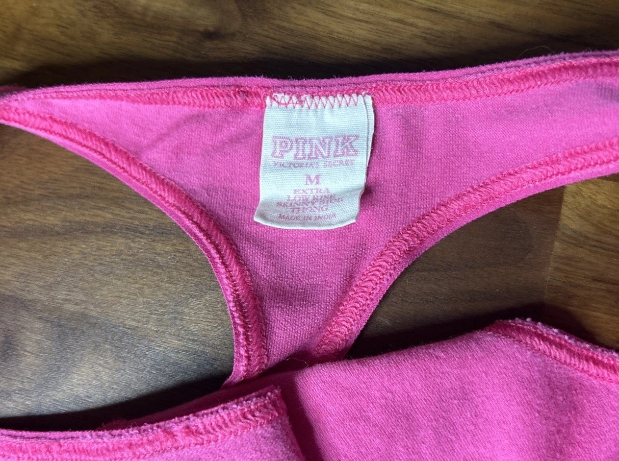 VTG VS PINK Cotton Extra Low Rise Skinny Side Thong Panties Dog M Logo Band