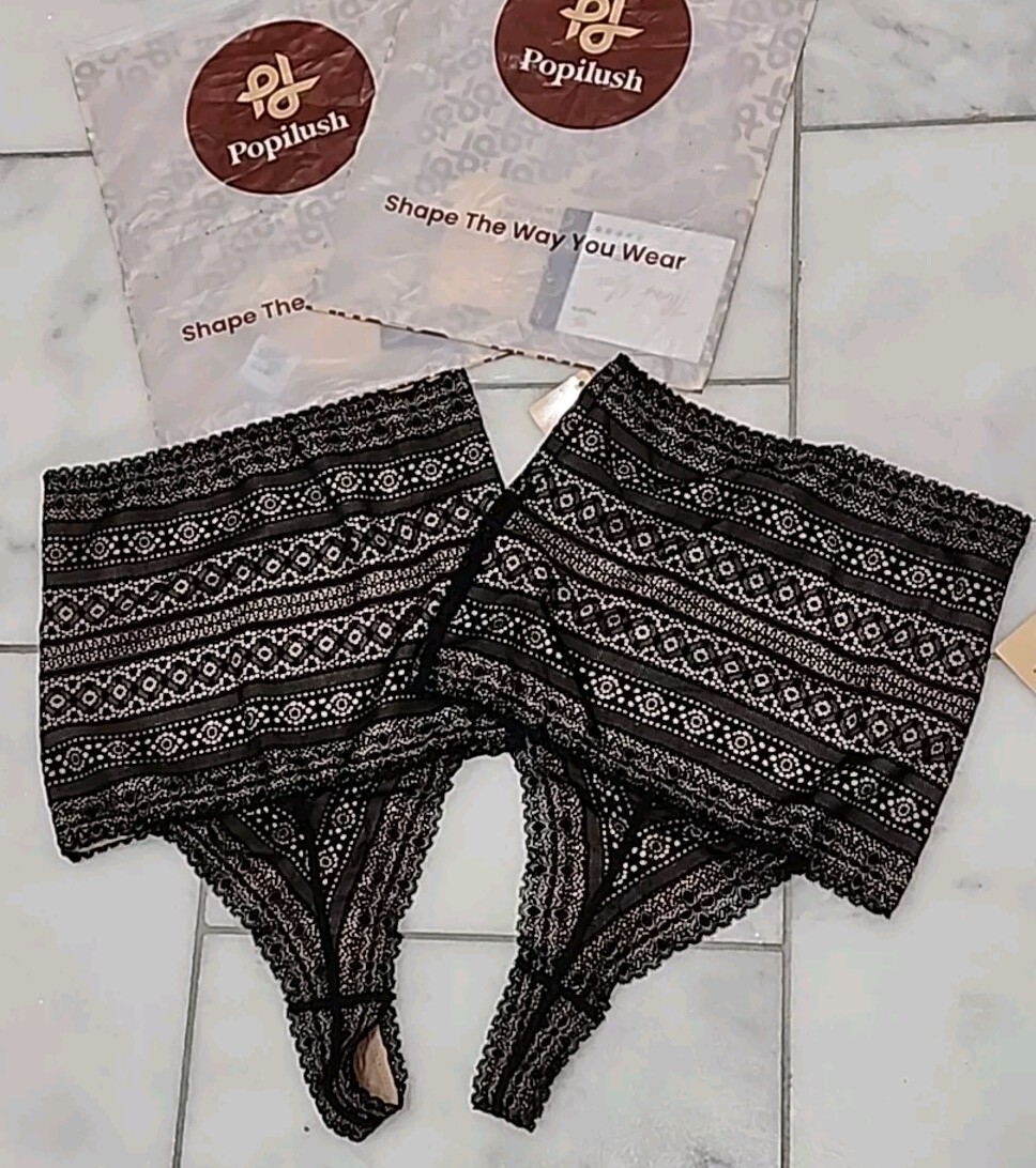 2 pack Popilush Shaperwear Panties High-waisted Underwear Lace Thong Black Sz S