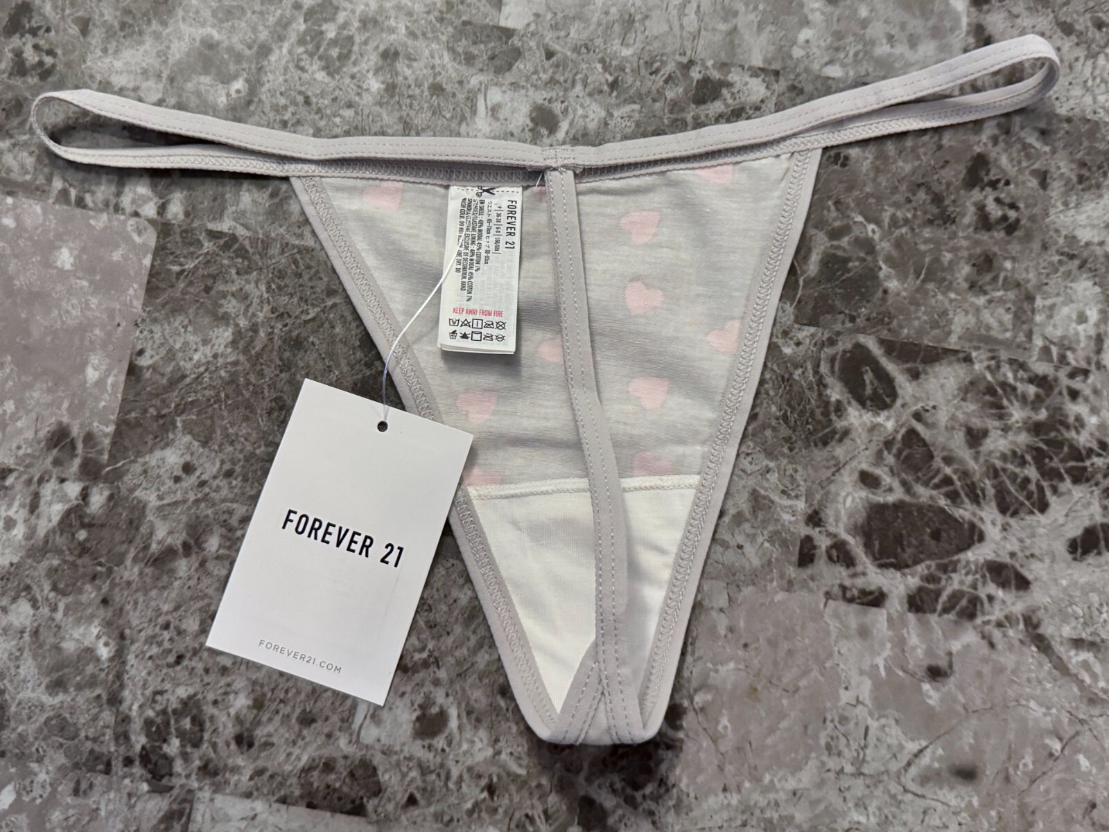 NWT FOREVER 21 GRAY PINK HEART MODAL COTTON SPANDEX BLEND V STRING THONG PANTIES