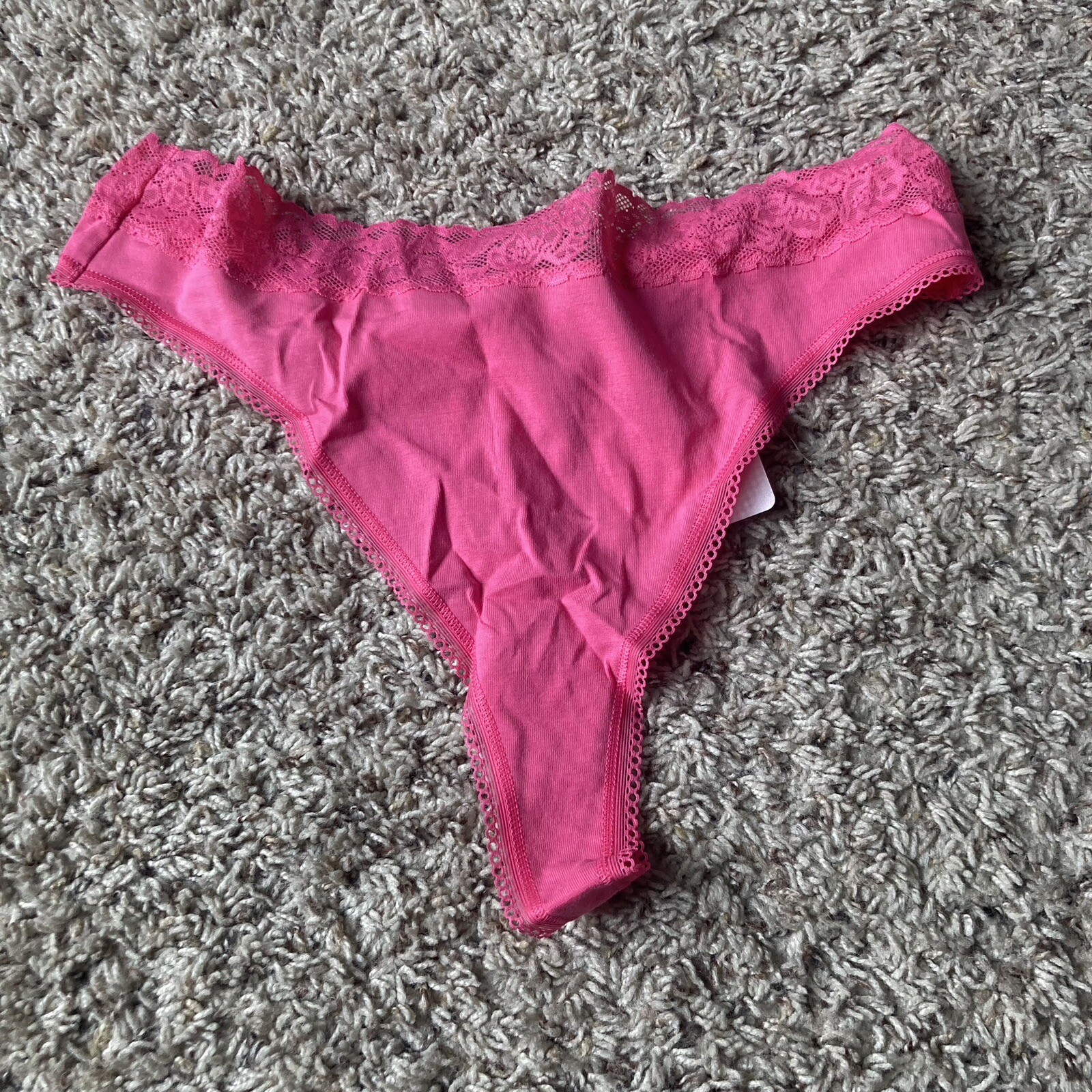 Savage Fenty Womens Cotton Essentials Lace Trim Mid Rise Thong Pink Punch XL