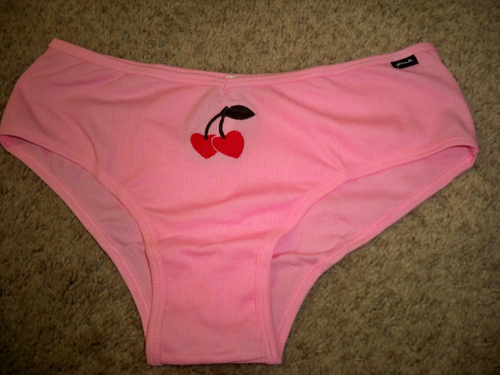 VICTORIAS SECRET CHEEKSTER EMBROIDERED CHERRIES PINK RIBBED LARGE NEW