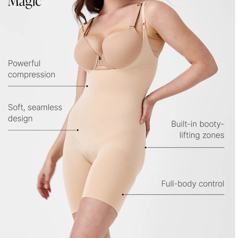 Spanx open bust mid thigh bodysuit, size M, Soft Nude Color, New