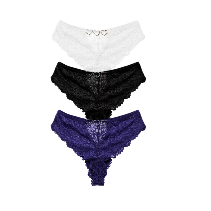 Women Floral Lace ThongsI Underwear 3 Pack Heart Metal Waist Trim Daily Panties