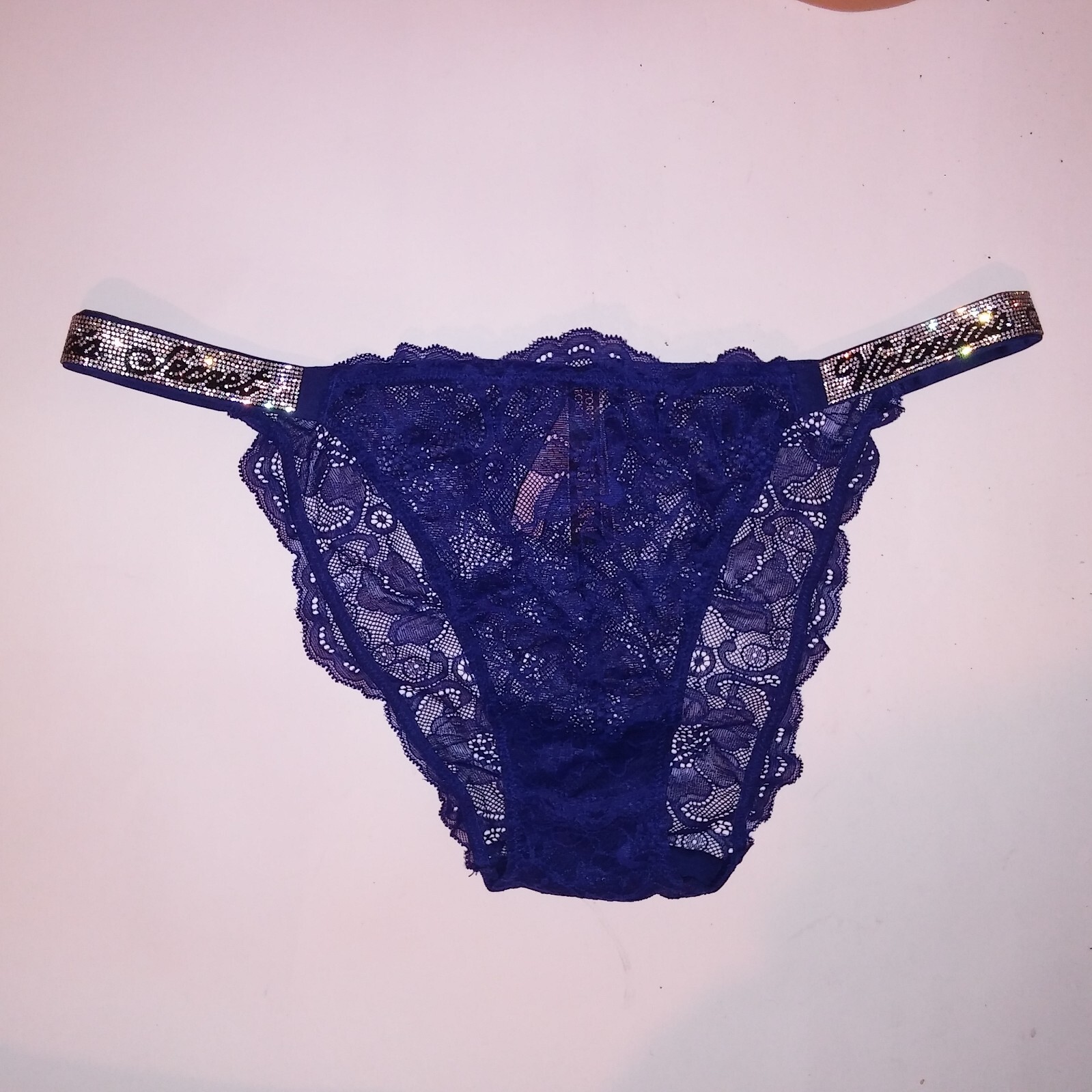 Victoria Secret Panty Bikini Shine Strap Navy Blue Logo Rhinestone Bling New