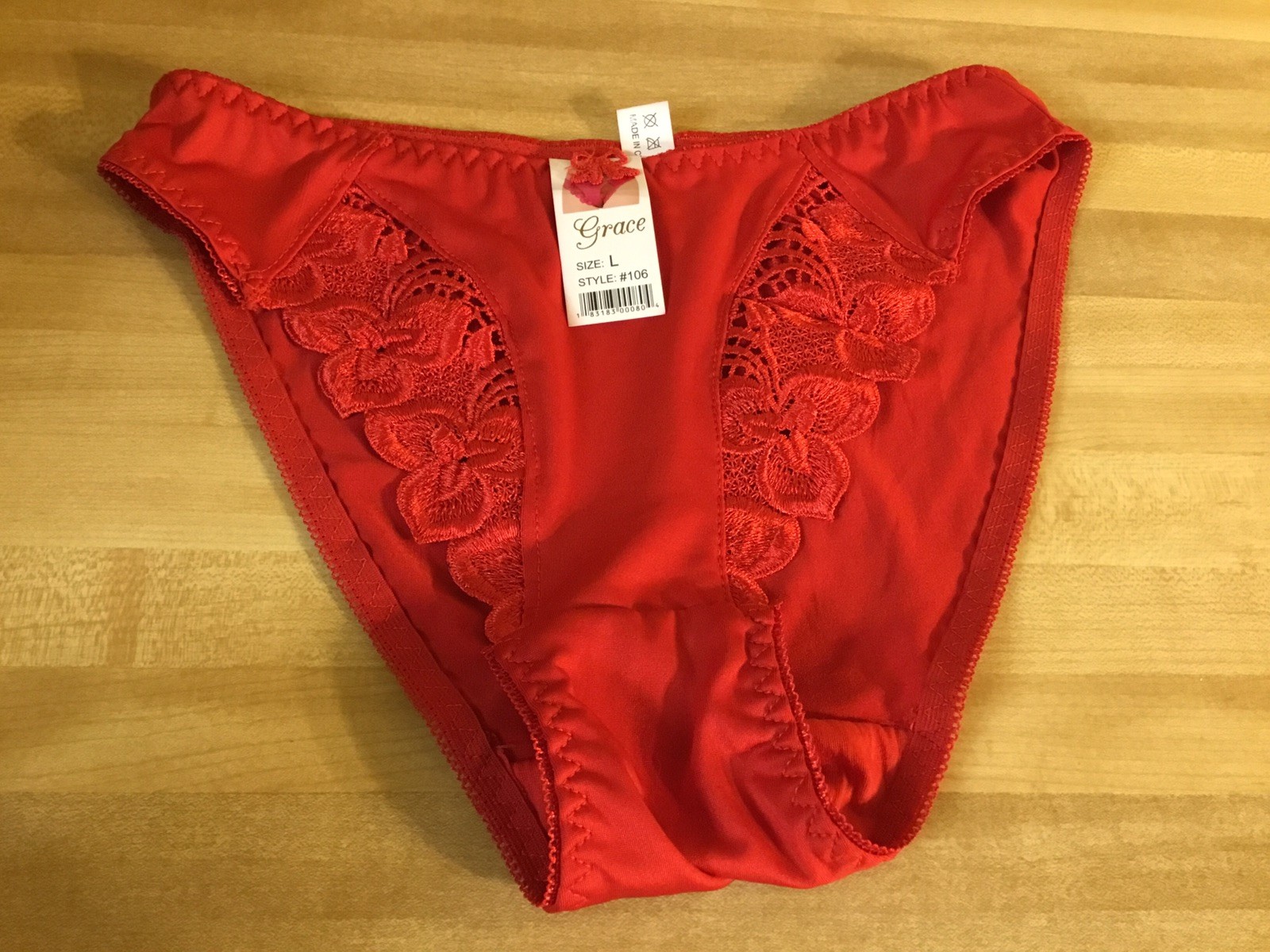 New Grace Size Large Panties Red Shiny 90% Nylon Embroidered Flowers