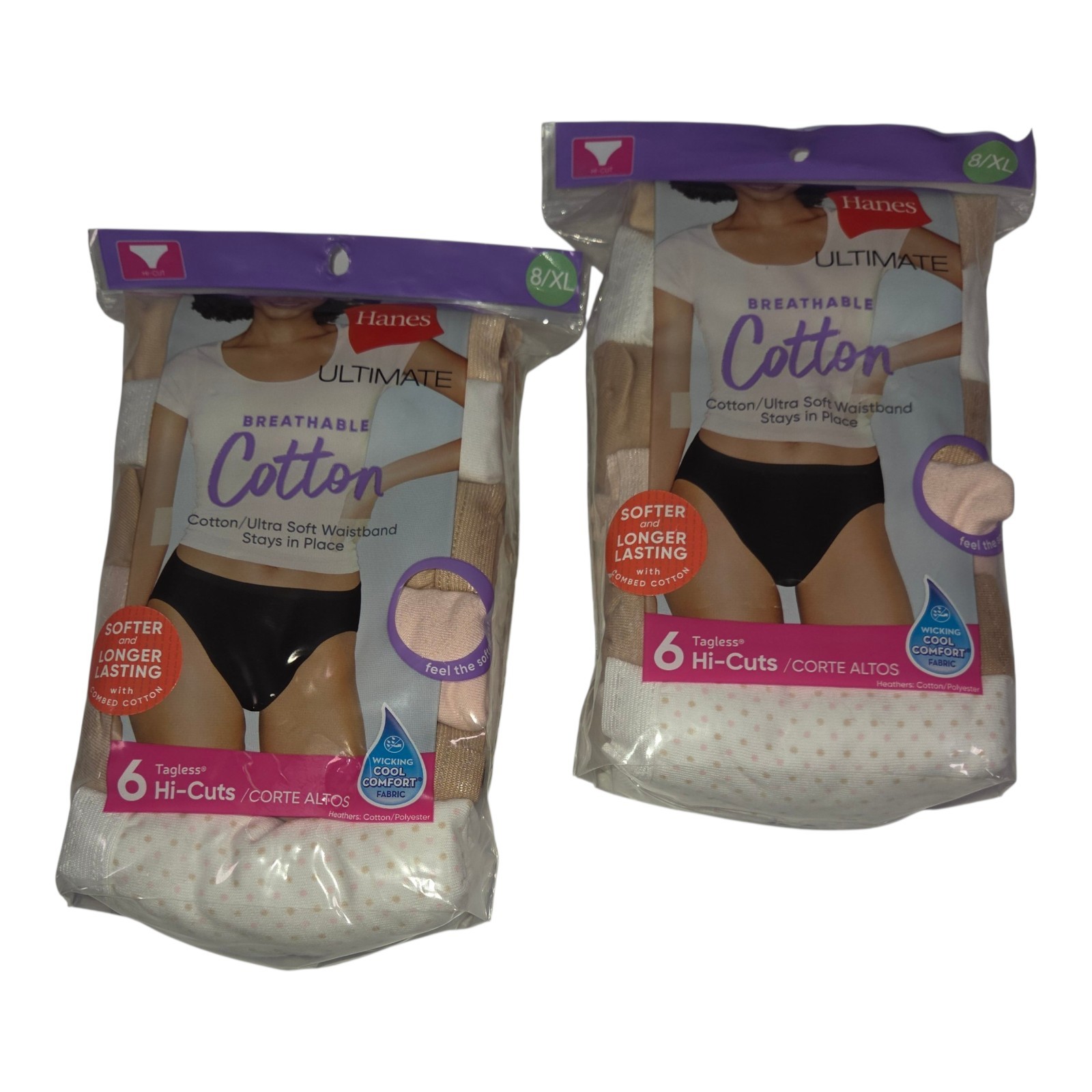Hanes Ultimate 6-pack 8/XL Breathable Cotton Women Hi-Cuts Briefs – Lot of 2