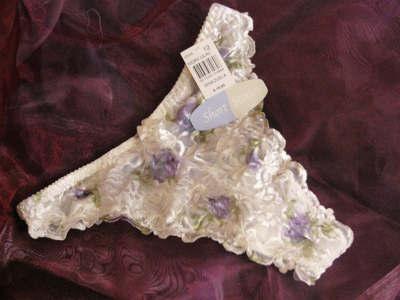 Short Stories white ivory lace thong knickers with purple floral pattern Size 12