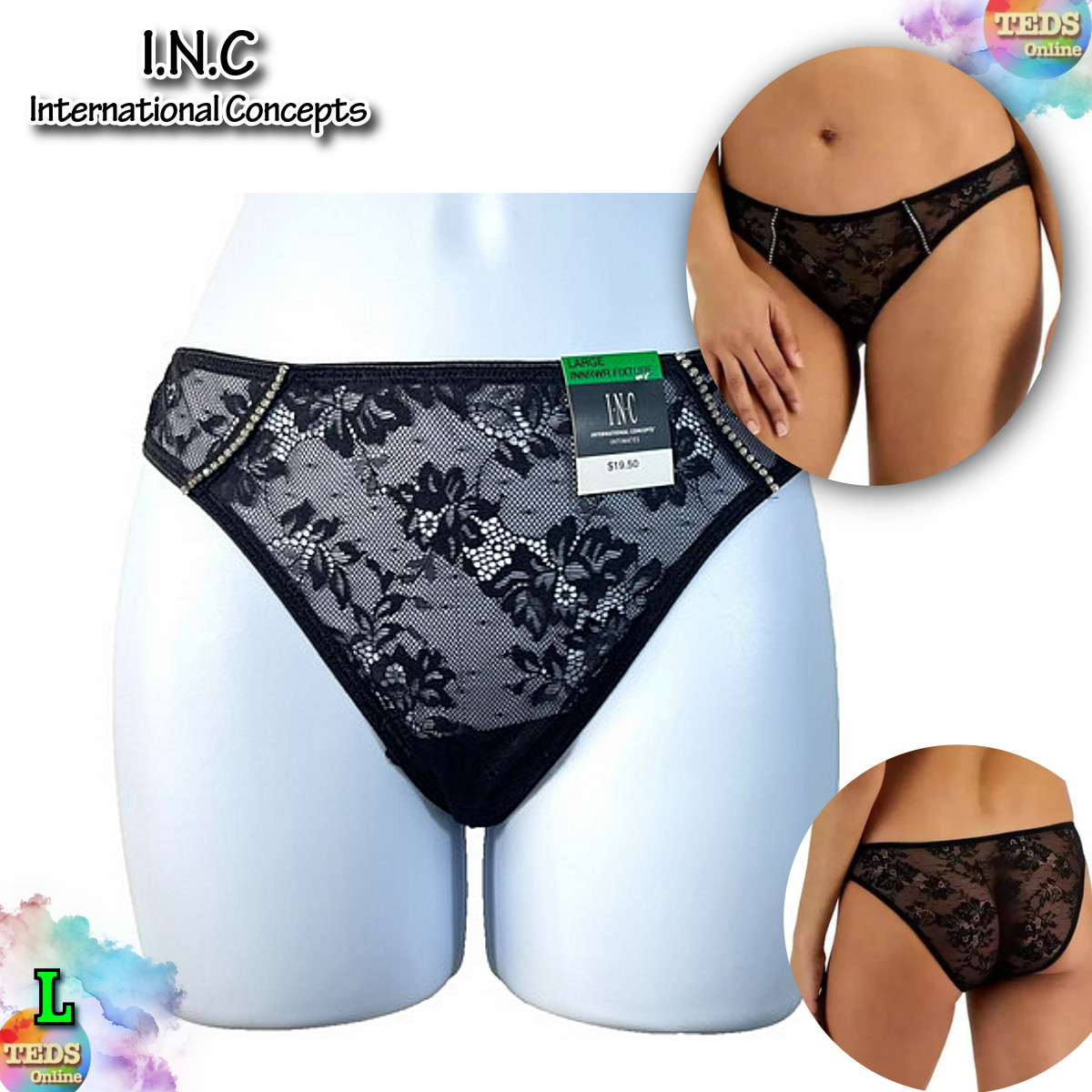 NWT INC International Concepts L Embellished Lace Bikini Panty 100182133, Black