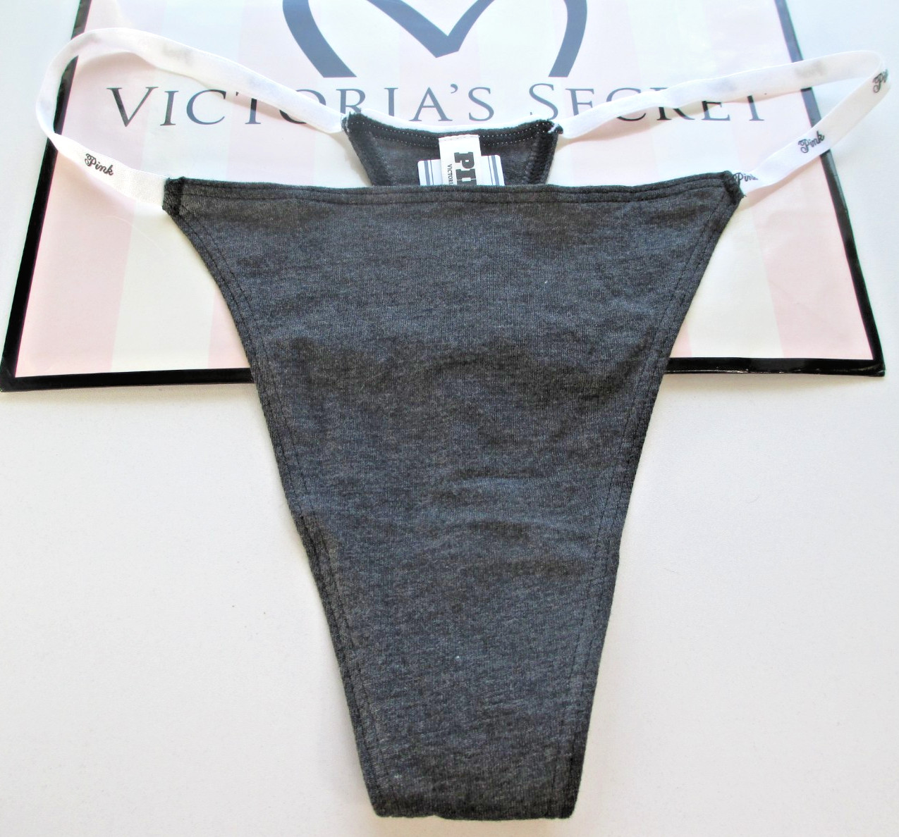 VICTORIA’S SECRET PINK Cotton High Leg Thong Panty S M L XL Gray NWT Logo VS