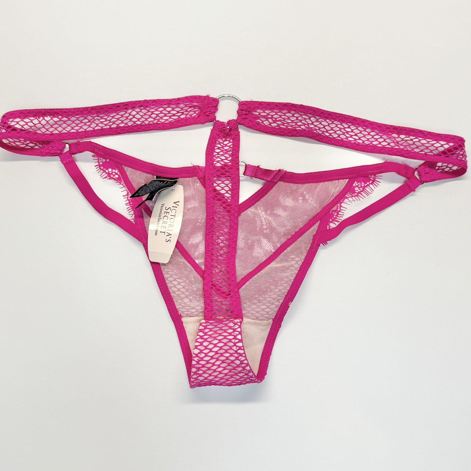 NWT RARE Vintage Victoria’s Secret Pink Fishnet Mesh Lace Strappy Thong Medium