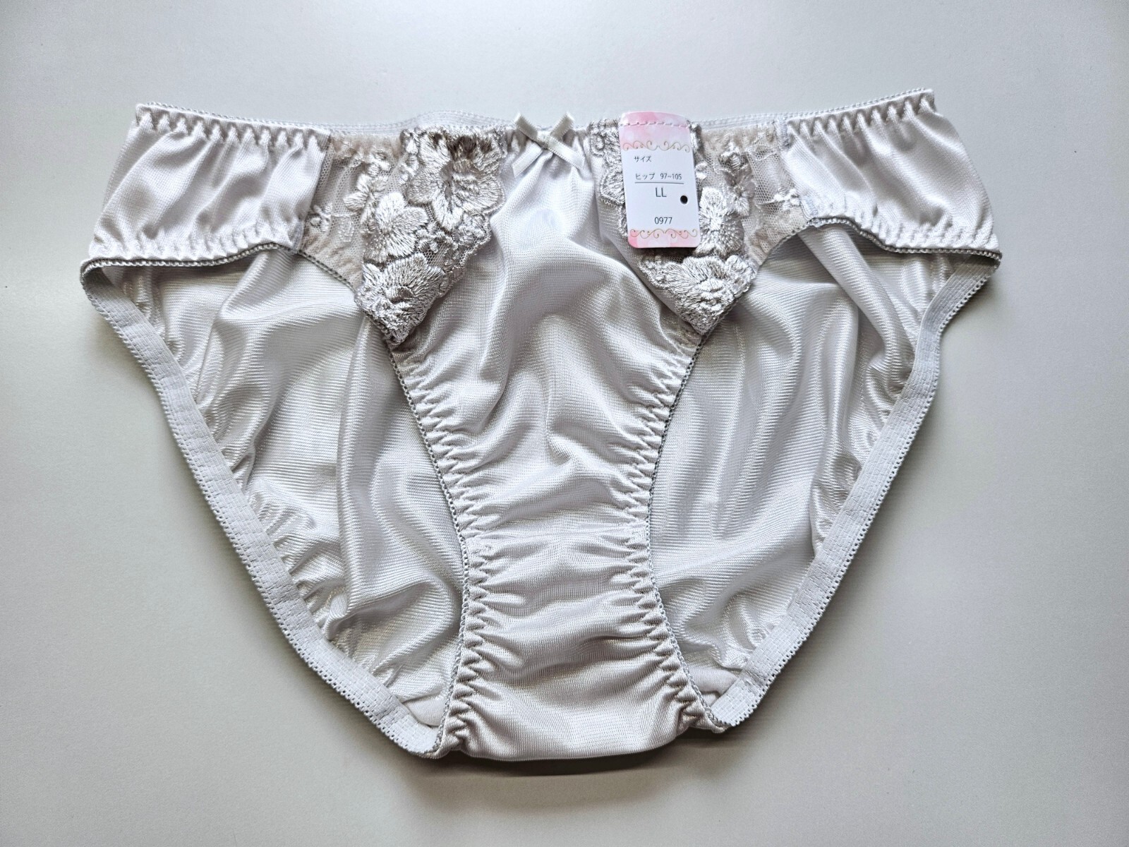 US Size M/6 Japanese Nylon Panties Shiny Smooth Tricot Lace Bikini Gray