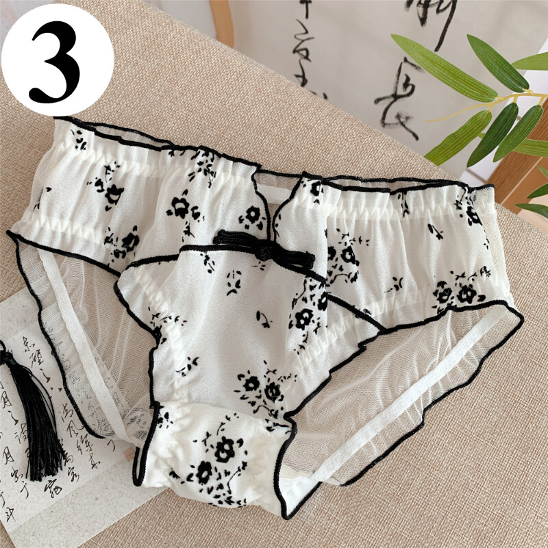Women Chinese Panties Lace Underwear Button Mid-waist Knickers Cotton Crotch