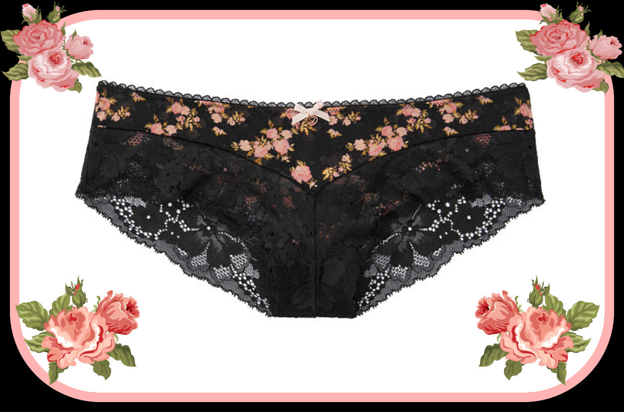 M Black Coral Rose Floral Lace Leg Trim Body by Victorias Secret Hiphugger Panty