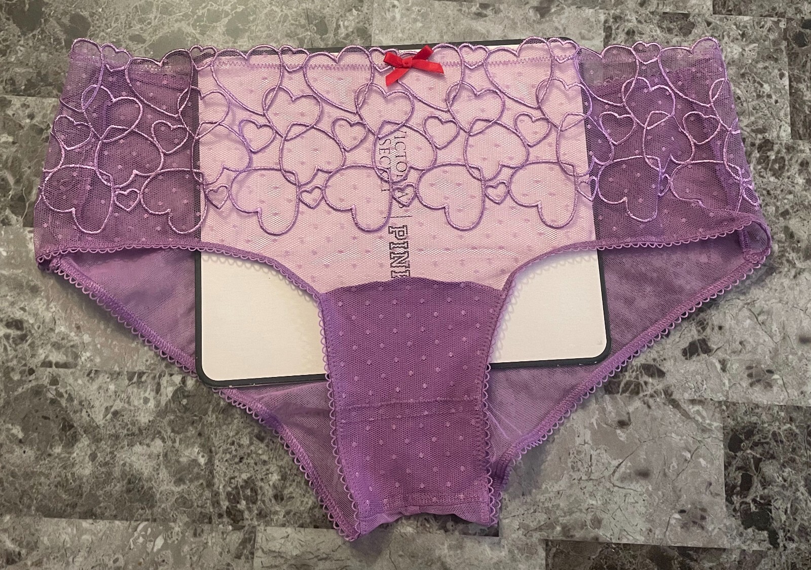 NWT VICTORIA’S SECRET PINK PURPLE HEART NETTED POLKA DOTTED MESH CHEEKY PANTIES