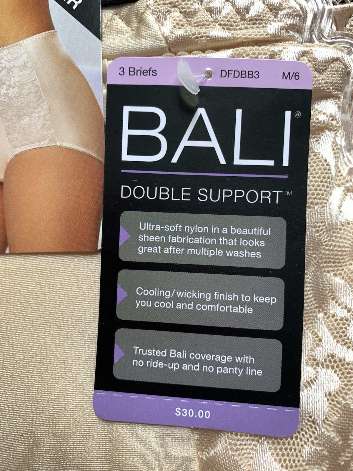 NWT Bali Double Support Nylon Brief Panty M/6 3-pak DFDBB3 2 beige 1 black
