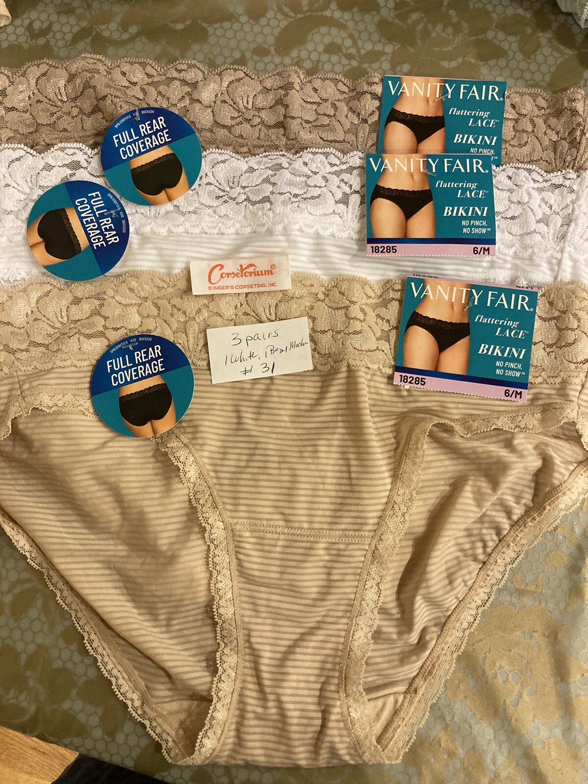 Lots 3 or4 pairs Vanity Fair 18285 Flattering Lace Bikini Panty sizes 6,7,8 NWT
