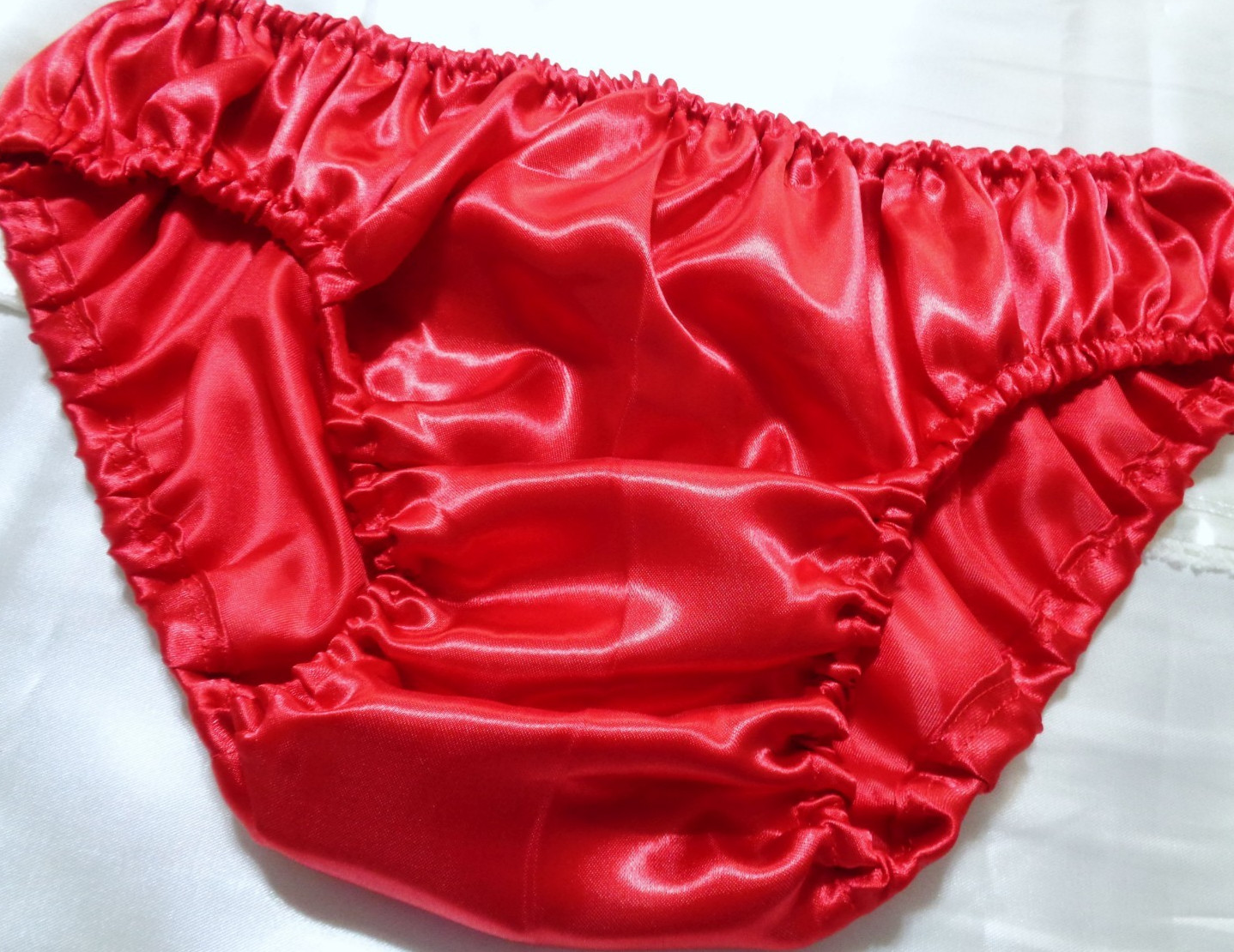 adult sissy handmade bright red frilly men satiny bikini panties dress-up 33-47