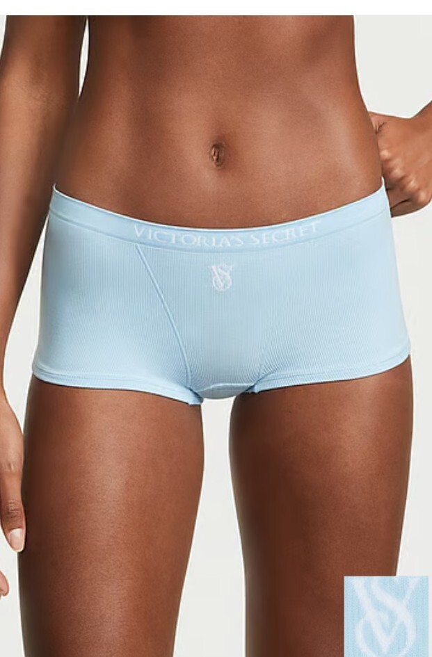 Victoria Secret- Soft Powder Blue & White Logo Waist Band Shortie Shorts-XL