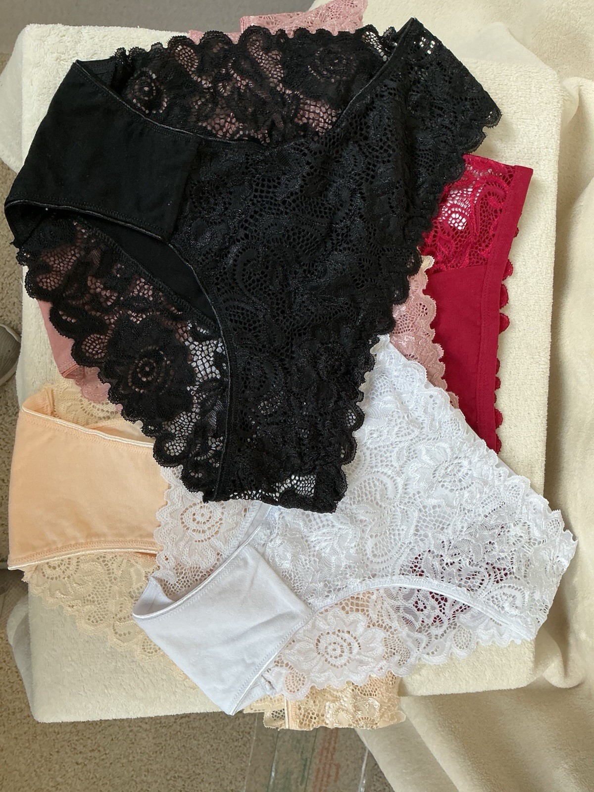 Ladies 5 New Cotton Large Lace Panties Red Black White Pink and Beige Underwear