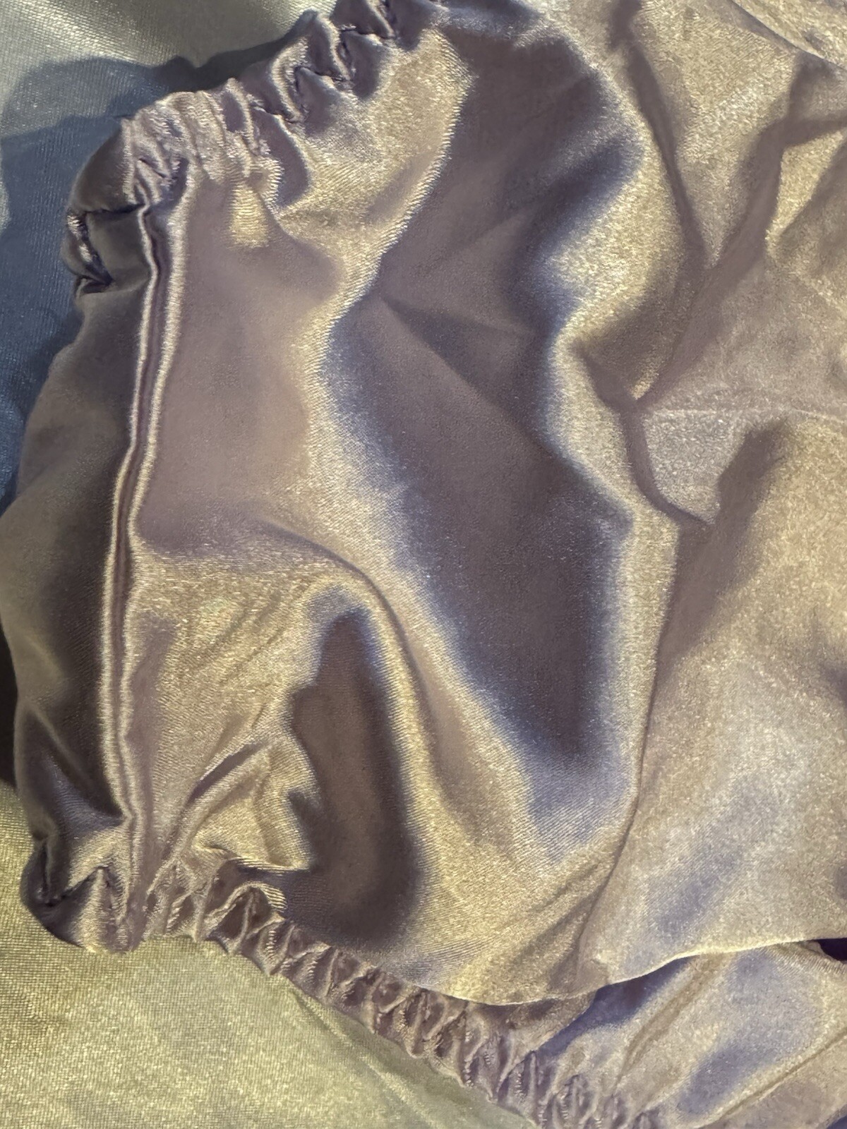 Lavender Purple Ruched Satin Bikini Panties Black String Bows On Hip Side Sz M
