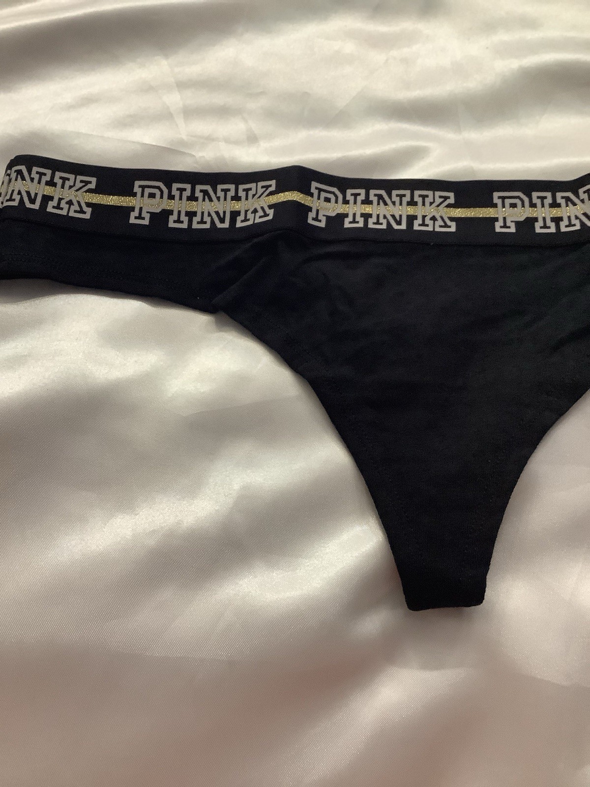 Victoria’s Secret PINK Women’s Thong Panties Black Gold Glitter Logo 1pk Large