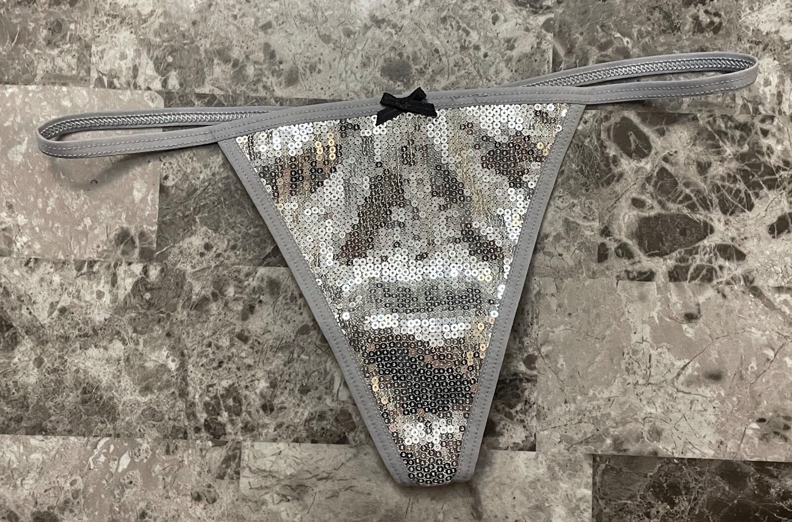 NWOT VICTORIA’S SECRET GRAY SILVER MESH SEQUIN BOW V STRING THONG PANTIES